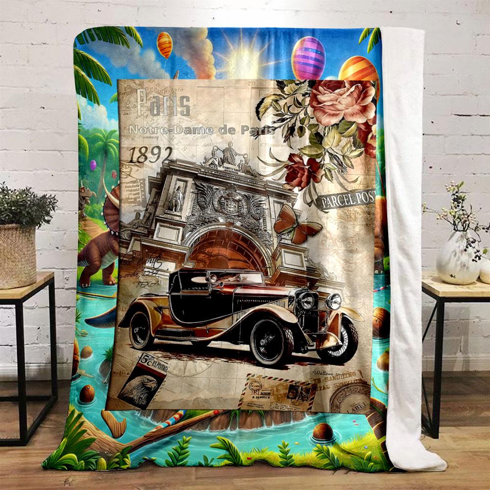 Retro Parisian Classic Car Floral Blanket bedroom Blanket for Livingroom Couch lunch break Soft throw for Friend's festival Gift