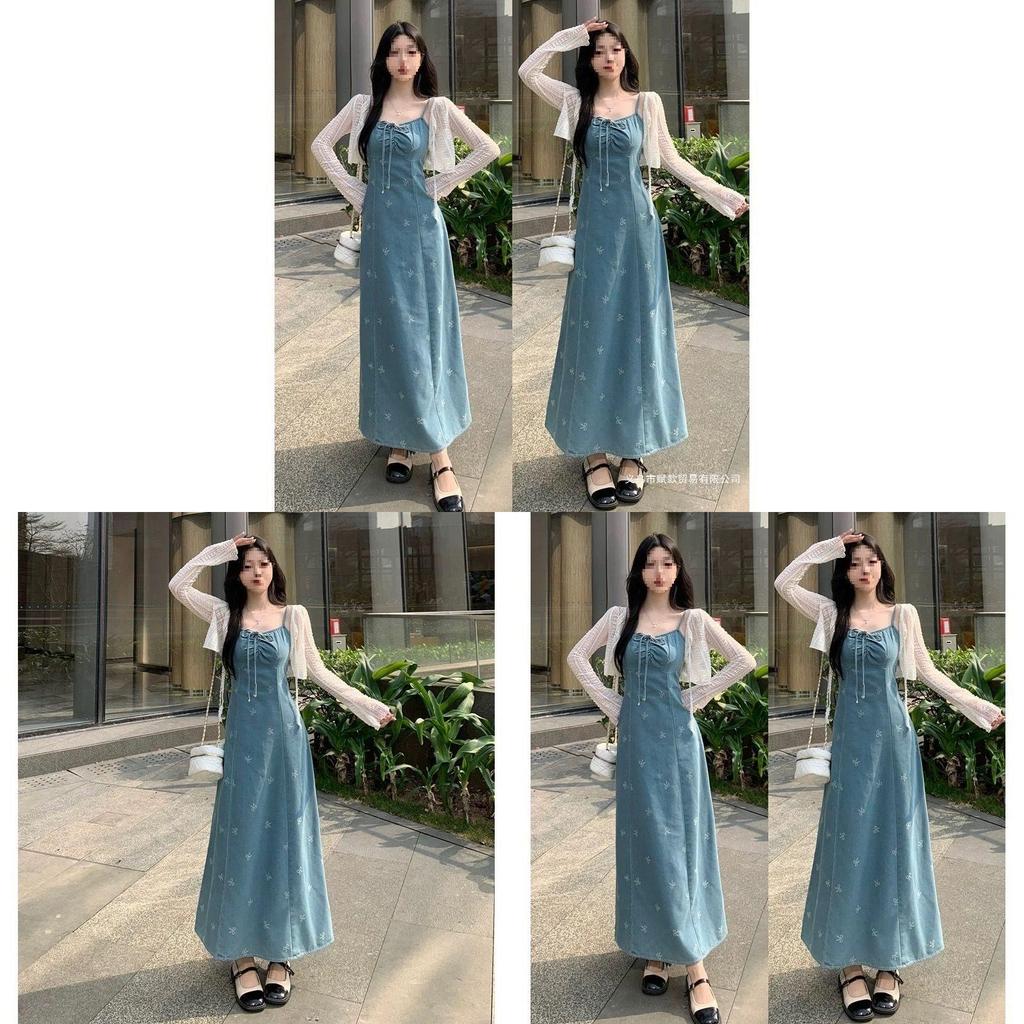 Denim Dress For Women With French Bow Tie Detail Long Sleeveless Summer Casual