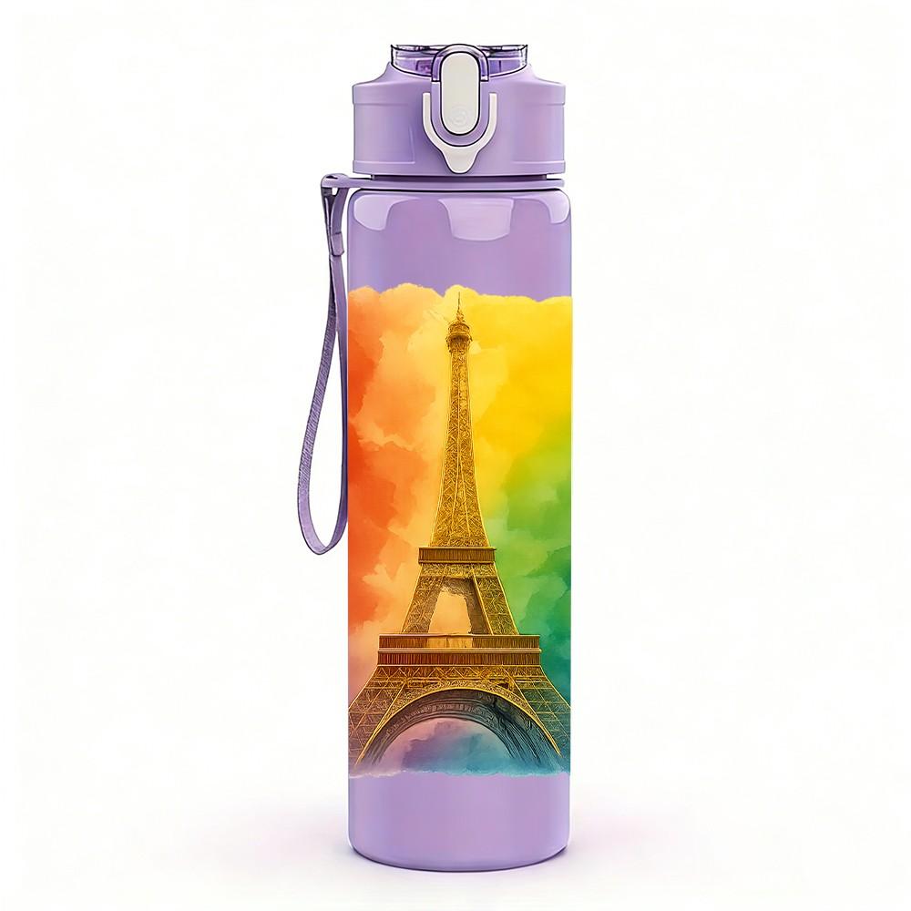 1PC Rainbow Eiffel Tower 750ml Color Plastic Sports Water Bottle Leakproof Flip Straw Lid Suitable for Sports Office Home Use
