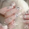 24Pcs Mid Length Coffin Press On Nails White Ribbon Bow Rhinestone French Fake Nails Gentle False Nail Tips