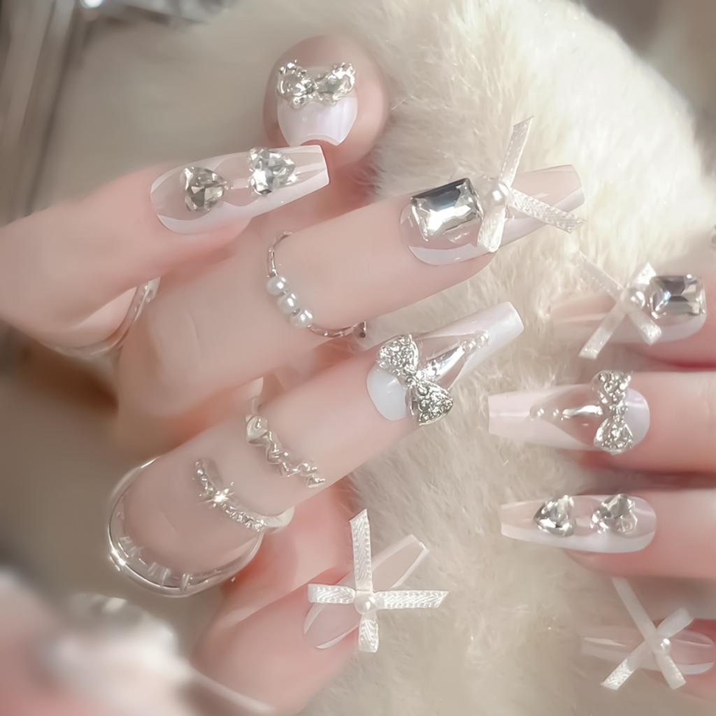 24Pcs Mid Length Coffin Press On Nails White Ribbon Bow Rhinestone French Fake Nails Gentle False Nail Tips