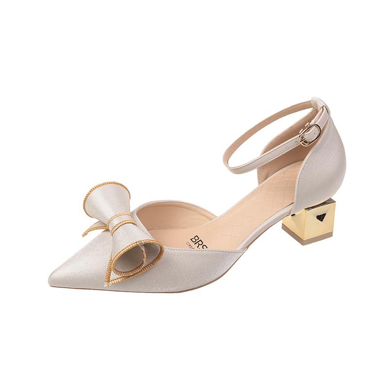 2022 Newest Pointed Toe Retro Shiny Bow High Heels Summer Ladies Wedding Bridesmaid Party Stiletto Pumps Shoes Women Shoes Heels