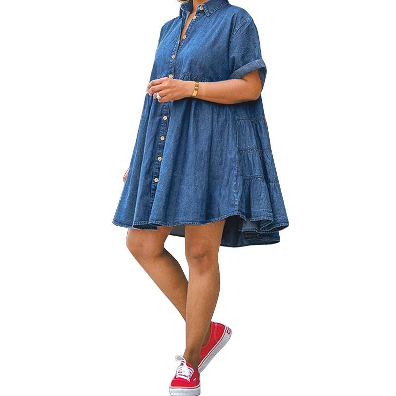 Robe en denim élastique grande taille à manches bouffantes