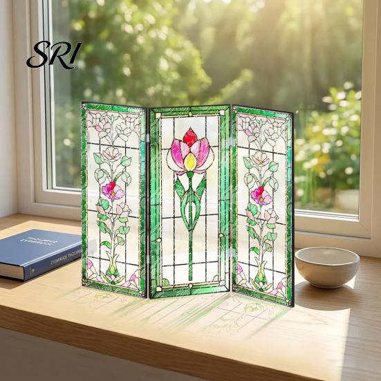 Colorful Folding Screen Mini Decorative Stained Glass Effect 3 Panel Divider Acrylic Desktop Office Desk Decoration Ornament for Home Living