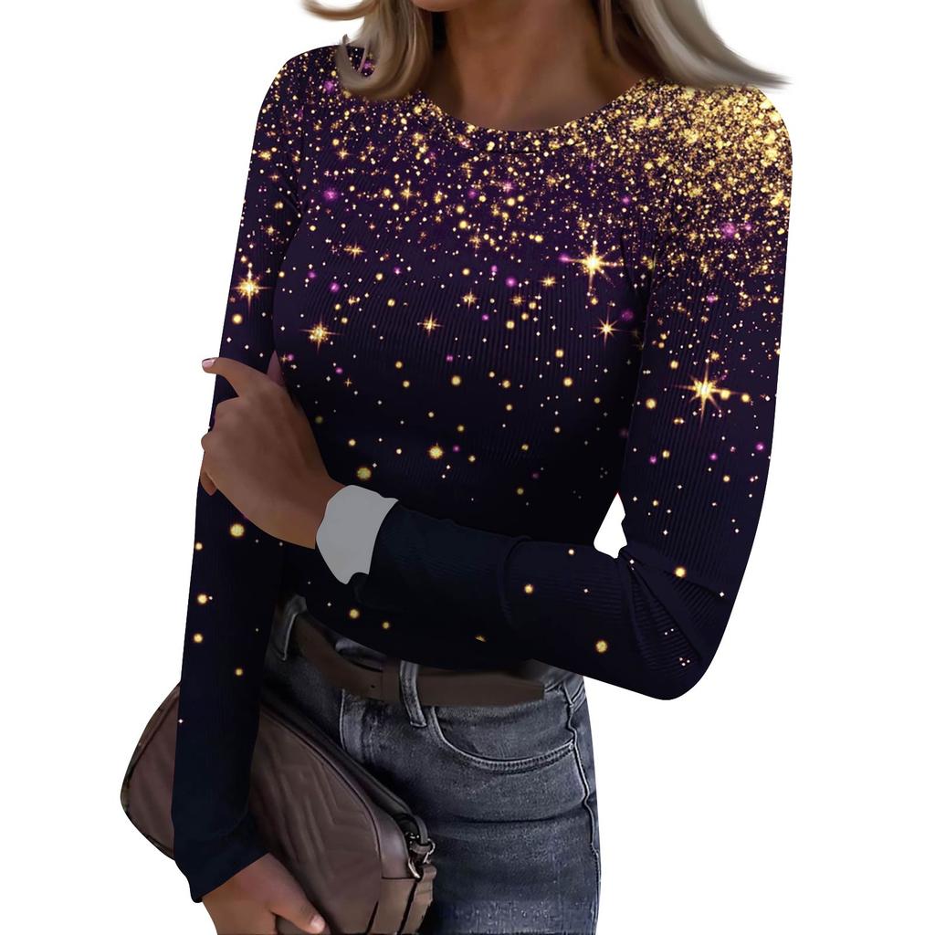 Women's  Slim Bottom T-shirt Fashion Casual Gradient Printing Round Neck Pullover Long Sleeve Top