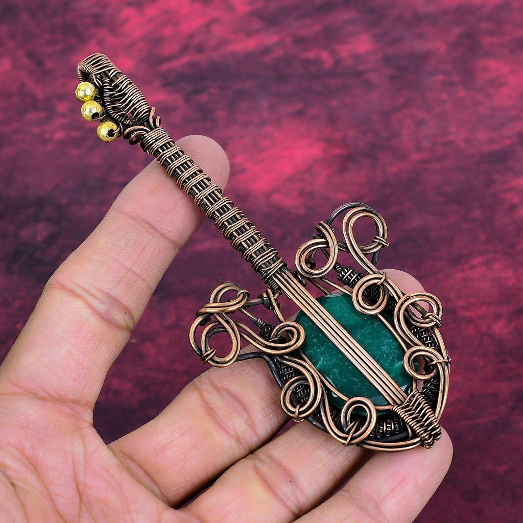 Faceted Zambian Emerald Pendant Copper Wire Wrapped Pendant Dainty Guitar Jewelry