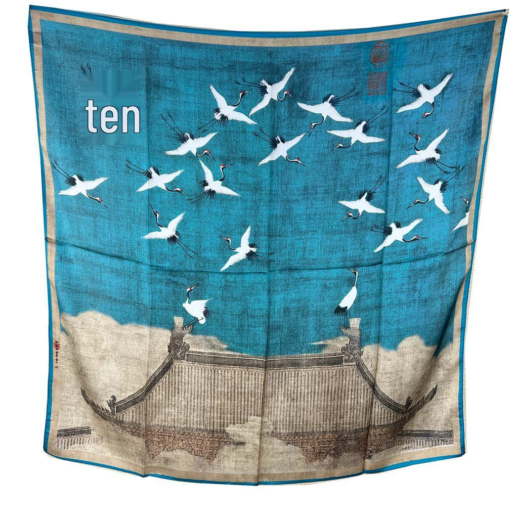 Guochao Lotus Landscape 100% Mulberry Silk Scarf - Versatile Women's Square Shawl