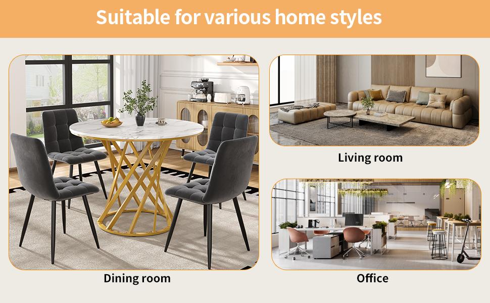 Dining table set (5-piece), round kitchen table with 80 cm diameter and golden metal legs, white MDF tabletop, dark grey velvet dining chairs