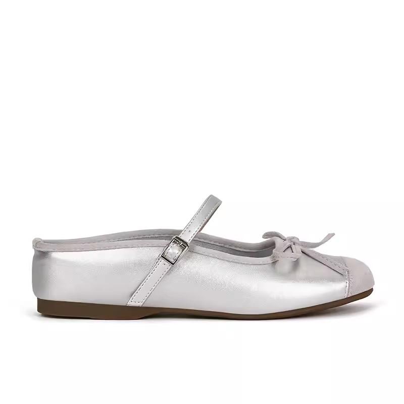 

Leather version~ Silver bow-tie ballet shoes for women s summer wear with half slippers and inner height-increasing light-mouth single shoes 35