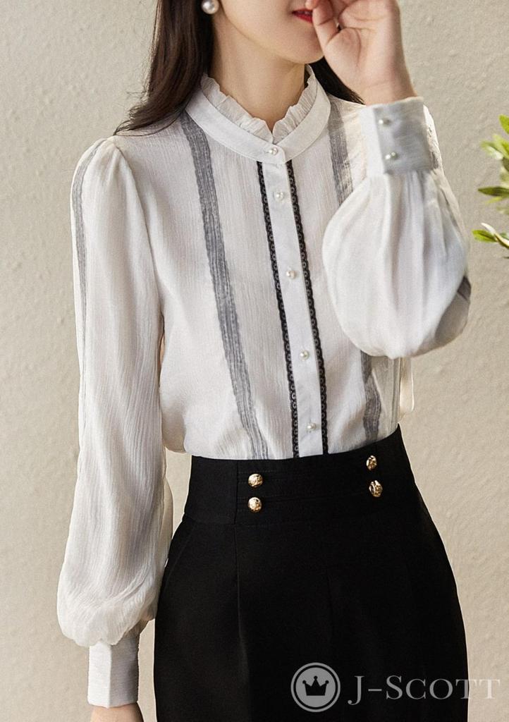 J-Scott Puff Sleeve Chiffon Blouse with Lace, Stand-Up Collar, Lined, Sheer, Chic White (JS43-WH-XL) (Limited Stock)