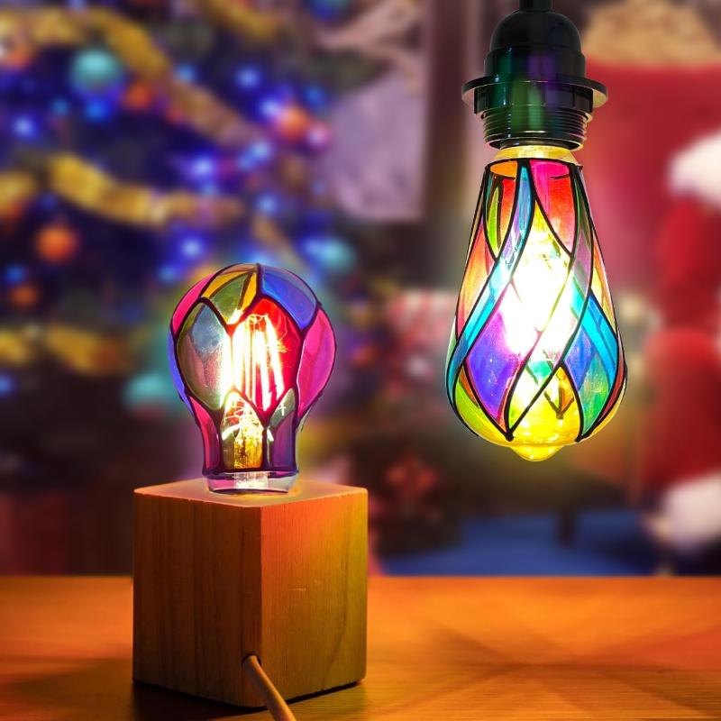 Stained Glass Light Bulb 4W St64 Led Light Bulb Painted Glass E26 Base Mosaic Night Lamp Home Decor Romantic Festive Atmosphere