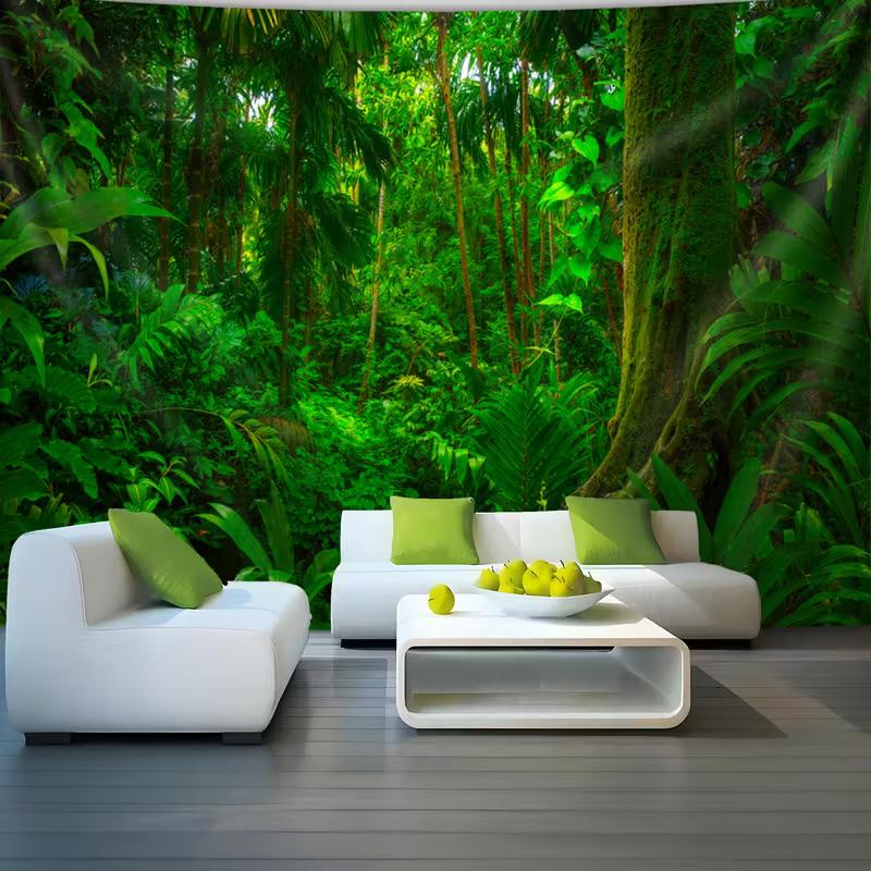 2D Exotic Jungle Tapestry Tropical Forest with Mossy Trees Wall Background Cloth