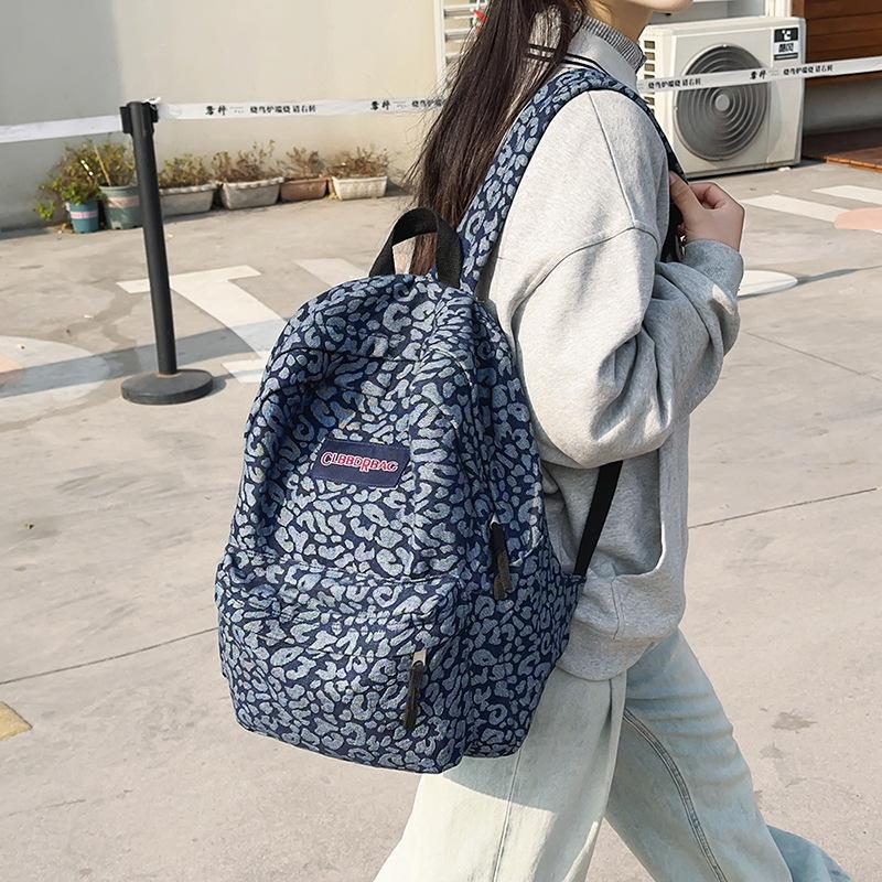 Leopard Print Denim Backpack Student Schoolbag Women Lightweight Backpack