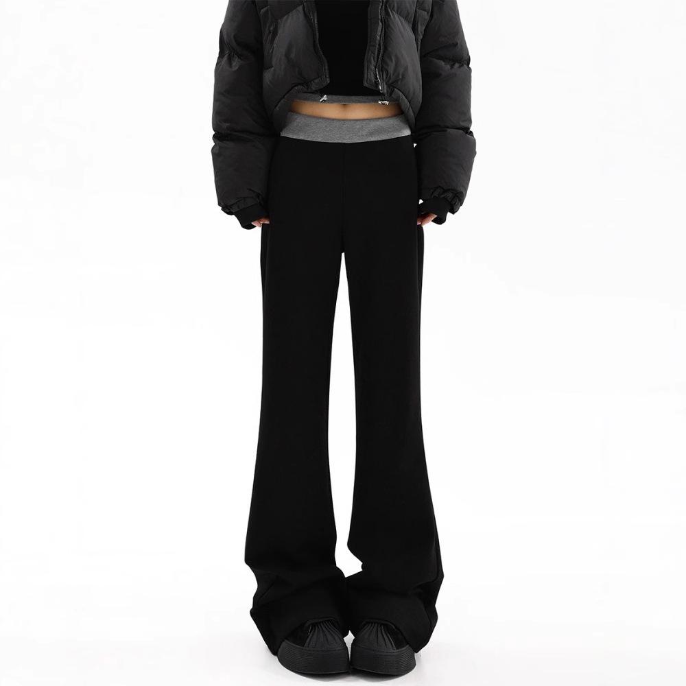 Women's Plus Size Fleece-Lined Black Patchwork Casual Wide-Leg Sweatpants for Autumn/Winter