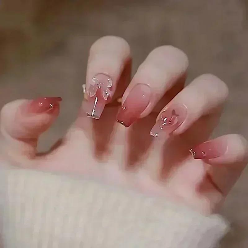 24Pcs French Gradient Ballet Press On Nails Black Heart Rhinestone Glitter Full Cover Fake Nail Tips
