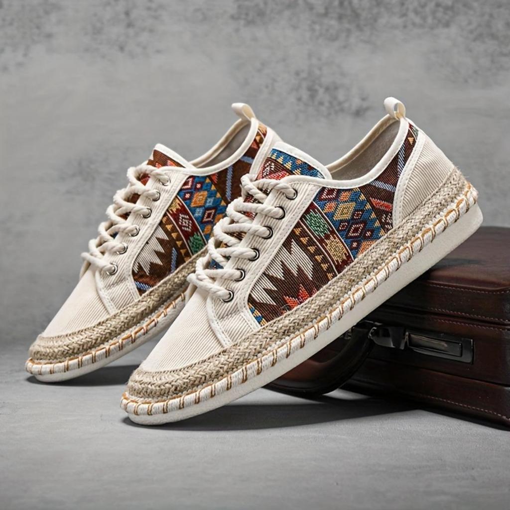 Men's Boho Hemp Sole Shoes - Breathable Casual Vintage Style, Seasonal Wear Embroidered Designs