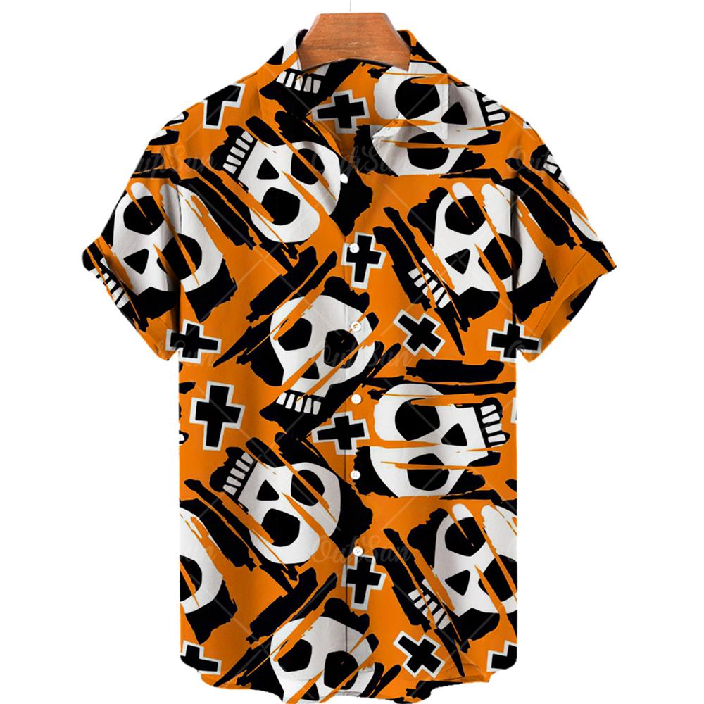 Fashion Skull Halloween Print Men's Shirt Street Trend Harajuku Lapel Top Hip Hop Punk Style Oversized Shirt Casual Short Sleeve