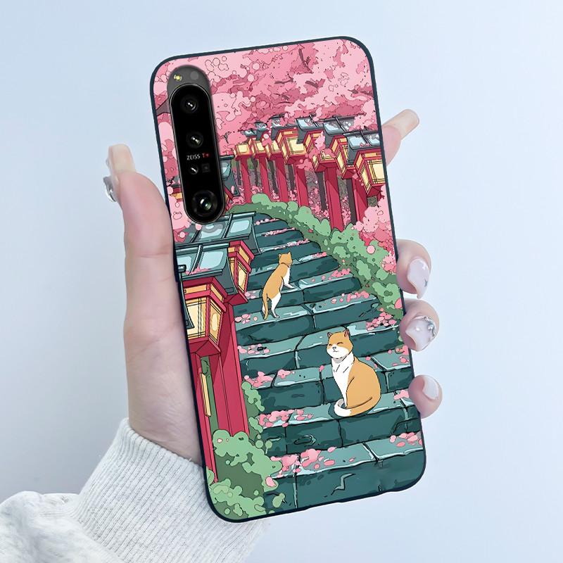 Cute Case For Sony Xperia 1 IV V II III Capa Coque Printing Shell Protective Cover Soft Silicone Cartoon Black Casing Fundas