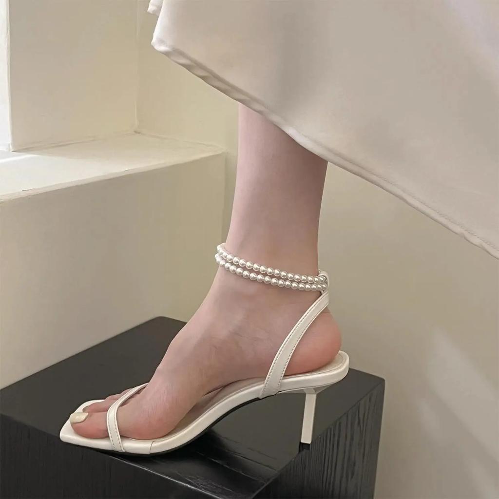 2025 Summer Thin Heels Women's Fashion Square Head High Heel Sandals All-Match Ankle Pearl Chain Luxury Party Heels Shoes