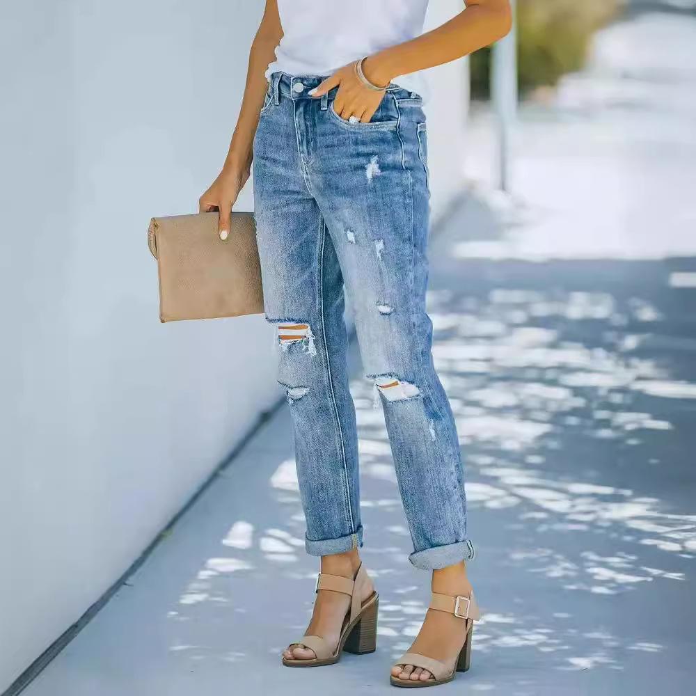 Vaqueros con borde sin rematar y cintura alta de color sólido de talla grande para mujer