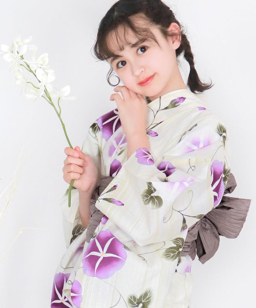 Zestaw do zmiany yukaty Heiko dla dziewcząt Glory Transparent [KYOETSU] Zestaw, Yukata, Typ dwuczęściowy, Dla dziewcząt, Niebielony, Splot, 3-częściowy (Yukata, Obi, Geta),