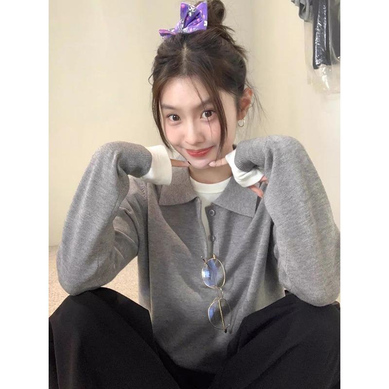 College style gray Plo neck sweater women's season new design sense loose wear knitted sweater top