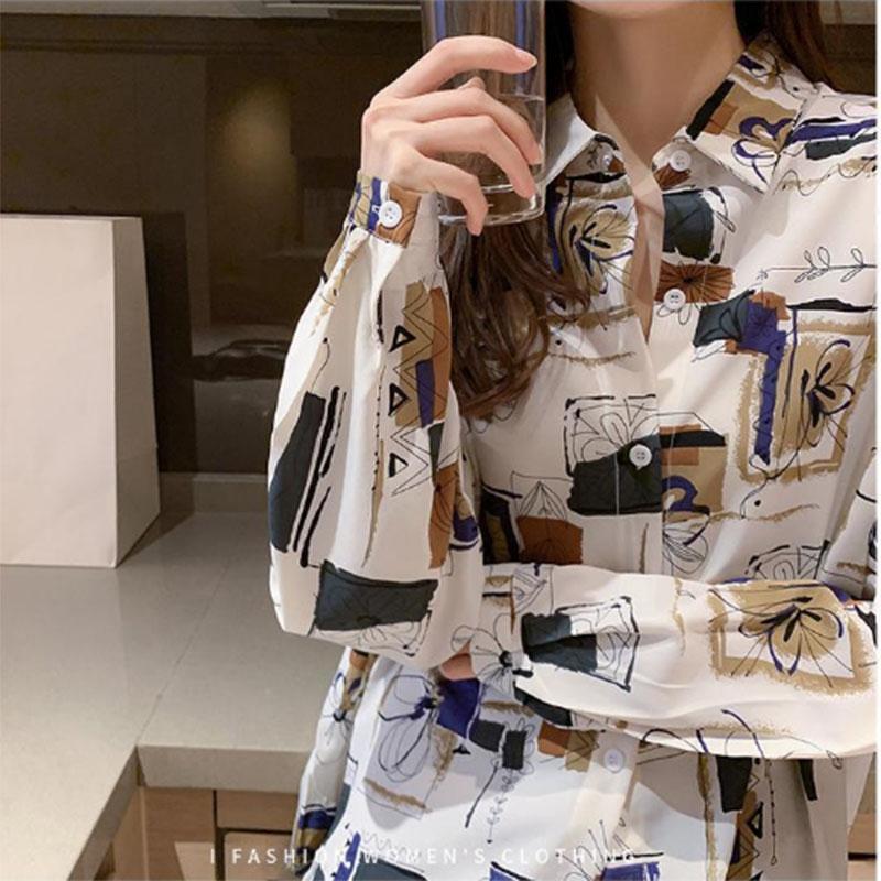 Skjorte Dame Retro Hong Kong Stil Vår og Sommer Stil Koreansk Trykkdesign POLO Krage Nisje Løs Skjorte Dame Topp