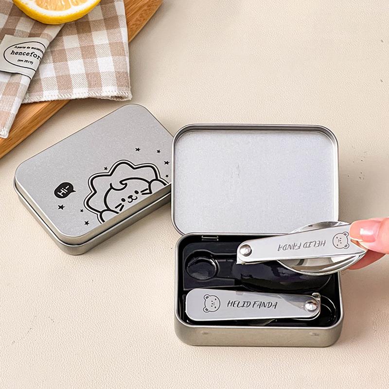 2Pcs/Box Portable Foldable Dinnerware Set 304 Stainless Steel Folding Fork Spoon With Cutlery Box Cute Picnic Tableware