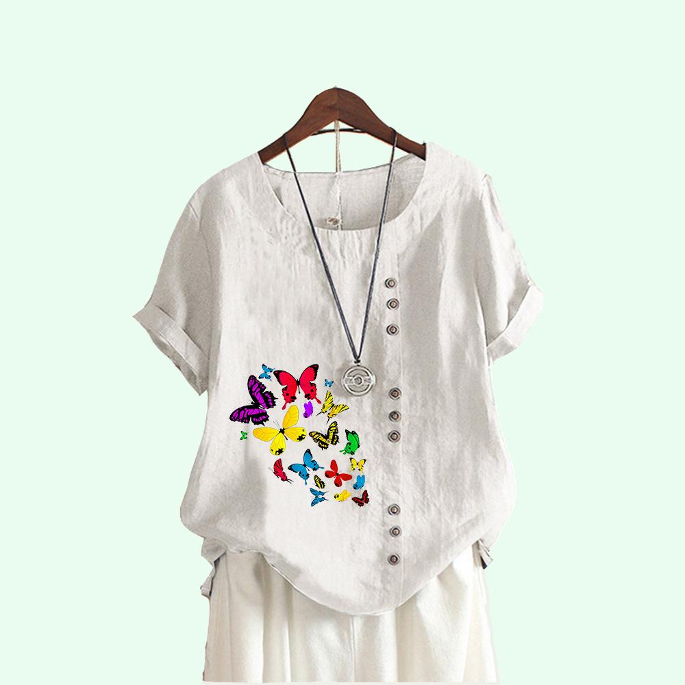 Women Fashion Butterfly Print Short Sleeve T-shirt Summer Casual Round Neck Pullover Loose Cotton Linen Blouses