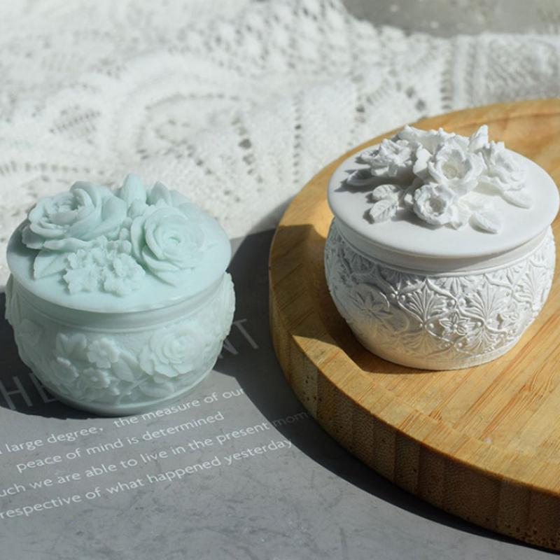 Round Flower Shape Plaster Storage Box Silicone Molds Mini Candle Cup Storage Jar Home Decoration Mold