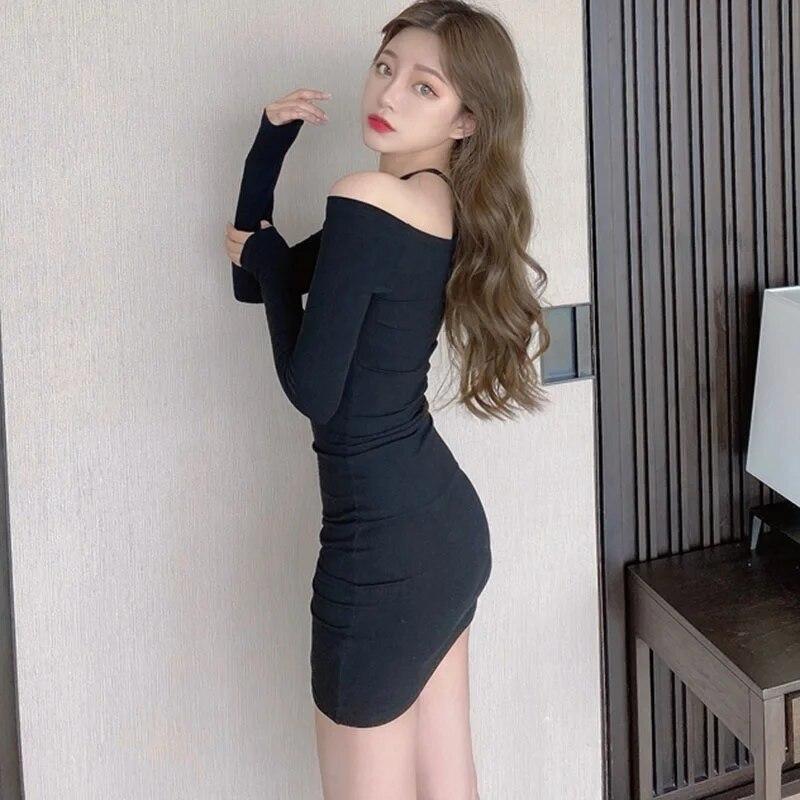 Damen-Kleid mit Slash-Ausschnitt, hängendem Hals, Kordelzug, einfarbig, langärmelig