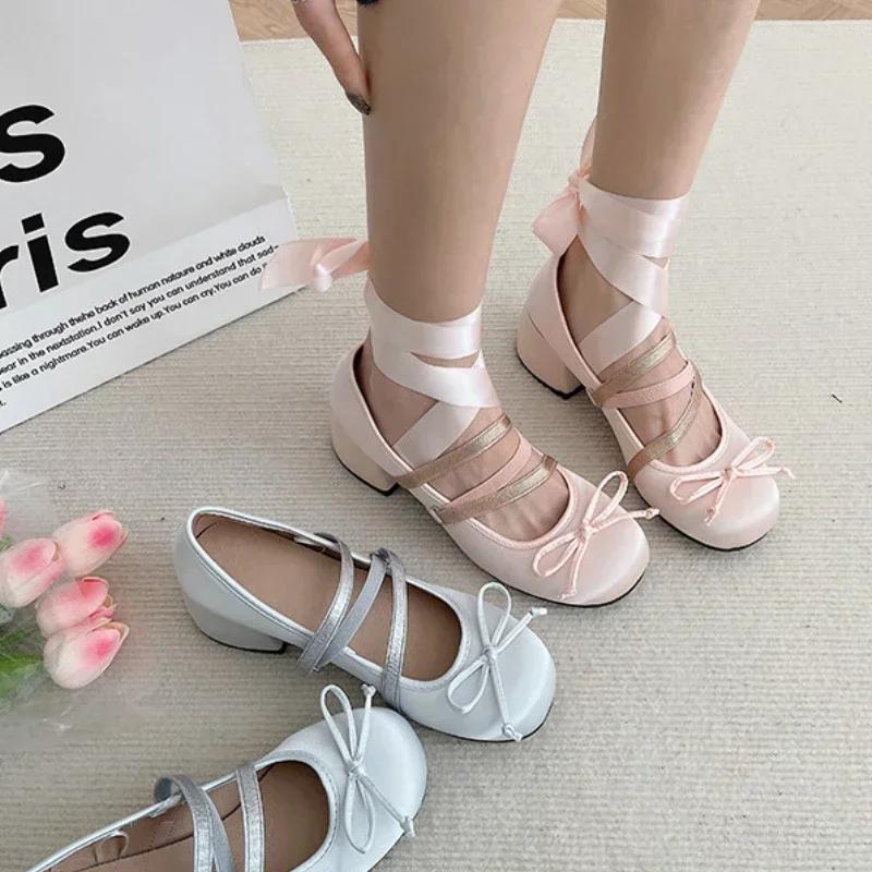 Mode Kvinnor Söta Balett Enkla Skor Lolita Rund Tå Mary Jane Skor Mode Damer Höga Klackar Korsrem Eleganta Pumps Klänningsskor