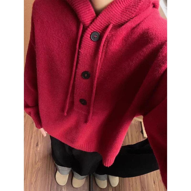 Autumn and Winter New Retro Hooded Knitted Sweater Women's Solid Color Casual Loose Lazy Wind Long Sleeve Pullover Sweater Thick