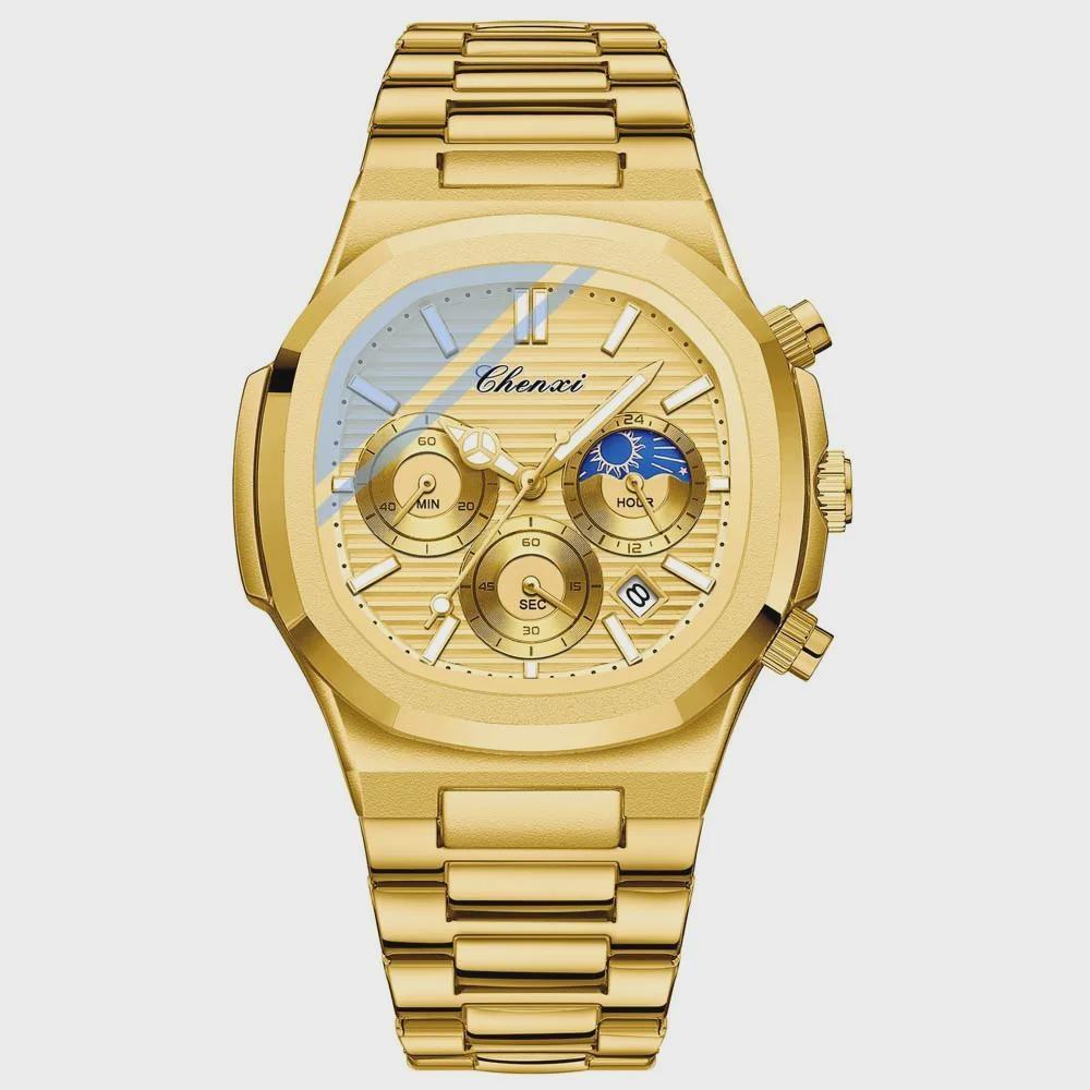 Men's Multifunction Quartz Watch Chronograph Luminous Water-Resistant Luxury Golden Steel Bracelet Men Moonswatch