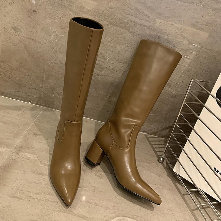 

2025 новые однотонные рыцарские сапоги в европейском и американском стиле, на толстом каблуке, остроносые модные сапоги, кожаные сапоги на высоком каблуке, хипстерские длинные сапоги 39