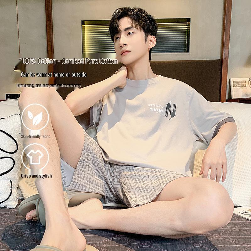 2025 Men s Cotton Loose Casual Korean Style Short Sleeve Pajama Set Large