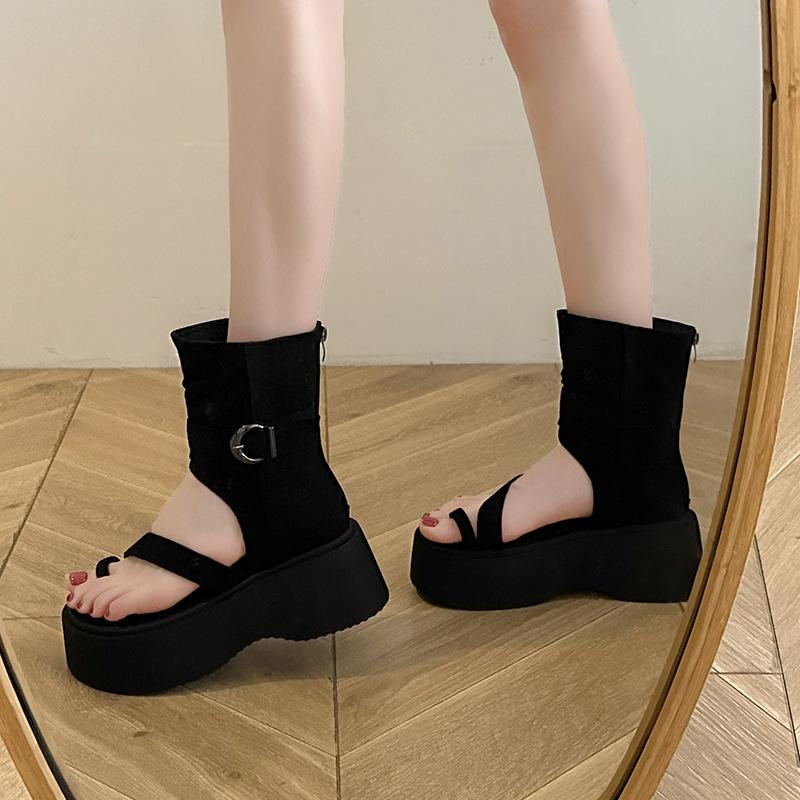 Fashion Dark Gothic Hollow Sandals Women Thick Sole Metal Buckle Punk Style Spice Single Shoes Chunky Heel Platform Cross Tied Sandalias