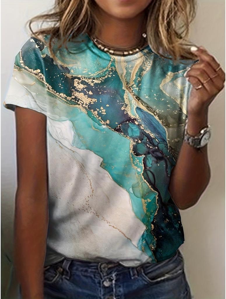 Sommer Damen T-Shirt Blumenstruktur 3D-Druck Florale Grafiken T-Shirts Lässige Kurzarm-Oberteile Mode O-Ausschnitt T-Shirt für Damen
