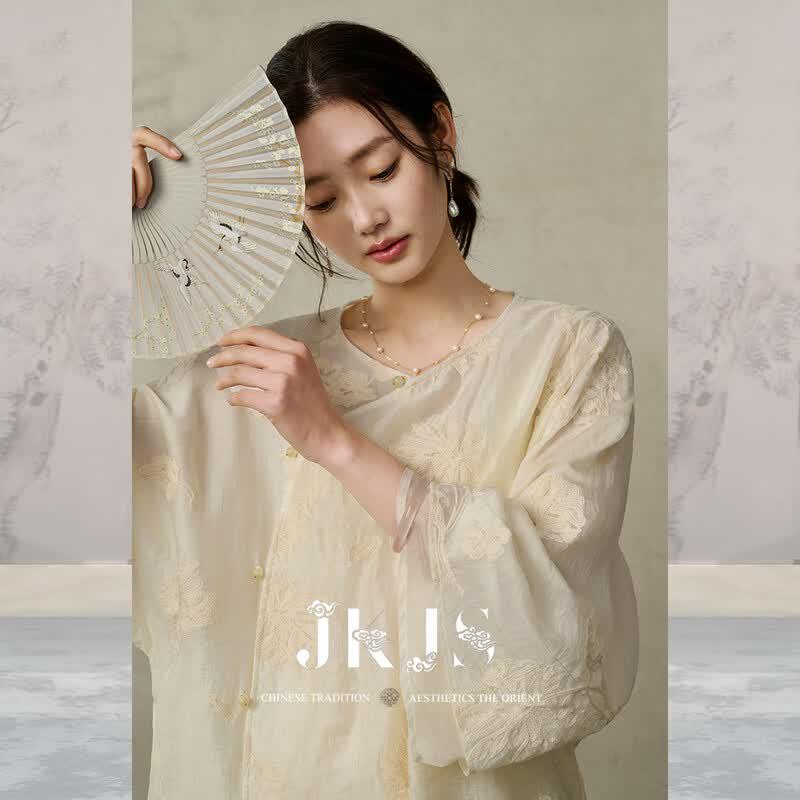 JK&JS Women s Floral Embroidered New Chinese Style Shirt XL