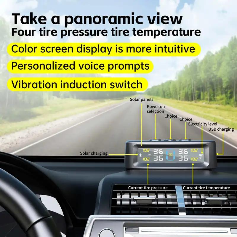Dispositivo de alarma de presión de neumáticos para automóvil con sistema TPMS solar, pantalla digital colorida y 4 sensores externos, advertencia de temperatura y presión de neumáticos