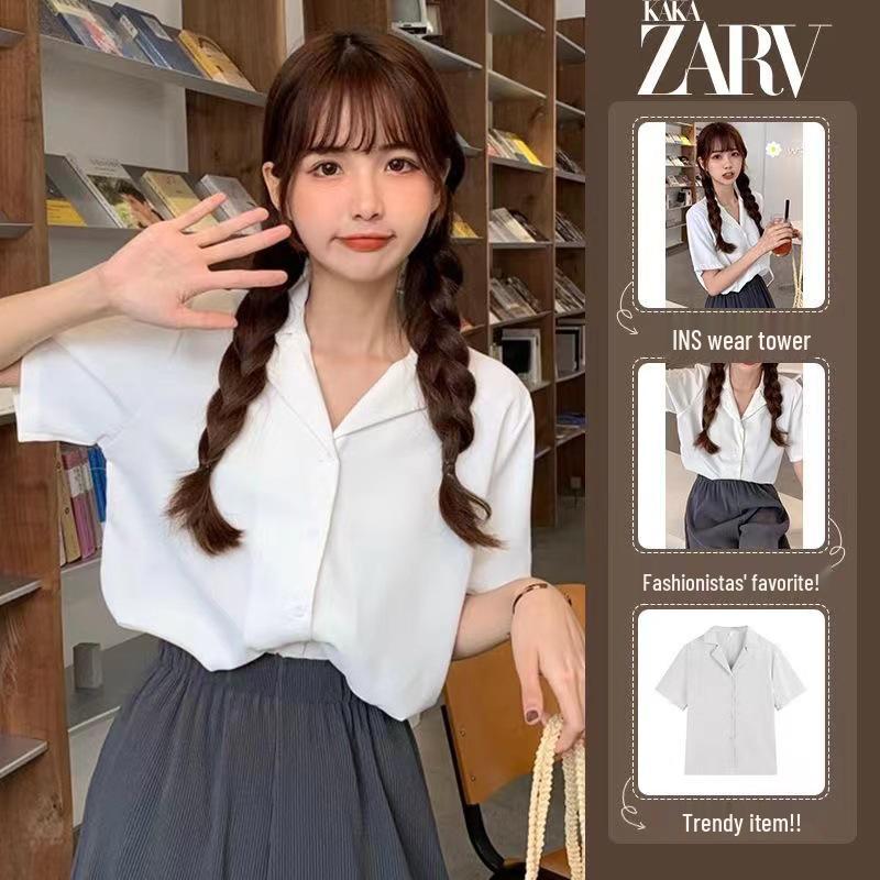 

Chic Women s French Retro Short Sleeve Suit Collar Blouse 2024 L 50-57.5kg белый