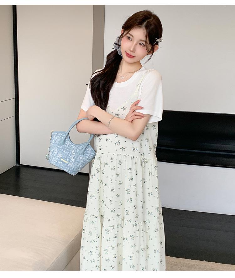 2026 Summer Korean Style Maternity Cotton & Chiffon Two-Piece T-shirt Dress