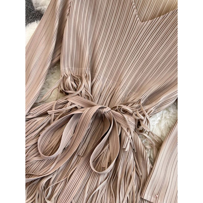 Affordable Luxury Fashion Socialite Elegant Ruched 3/4 Sleeve V-neck Waist-Controlled Slimming Mid Length Long Length A- line Tassel Dress