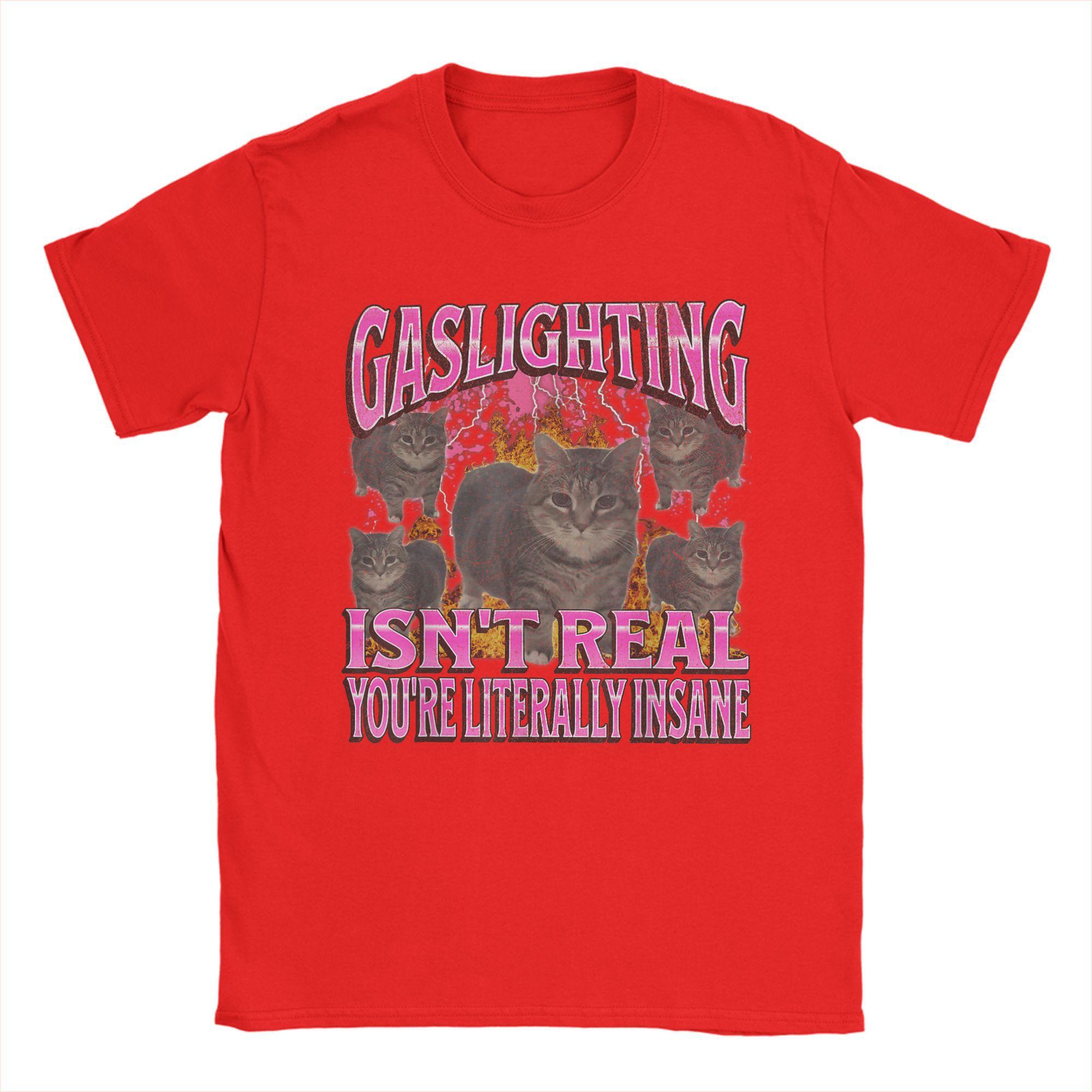 Streetwear T-Shirt Gaslighting Isn t Real Funny Cat Meme Graphic 100% Cotton T-Shirts  Hippie Tshirt for Men Short Sleeve Tees S