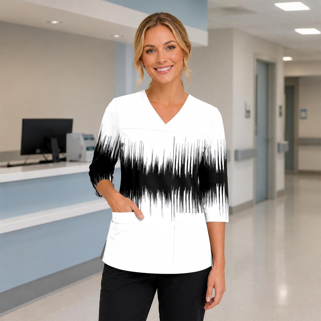 Women's Floral Print V Neck Medical Scrub Top with Pockets Side Slits Three Quarter Sleeve Nurse Uniform Shirt for Healthcare Professionals