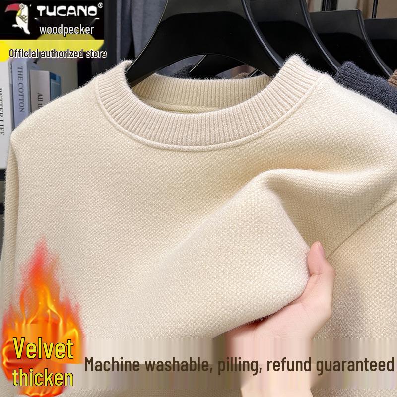Woodpecker Men's Plus Velvet Thick Knit Sweater - Autumn/Winter Round Neck Long Sleeve Sable Velvet Warm Base Layer.