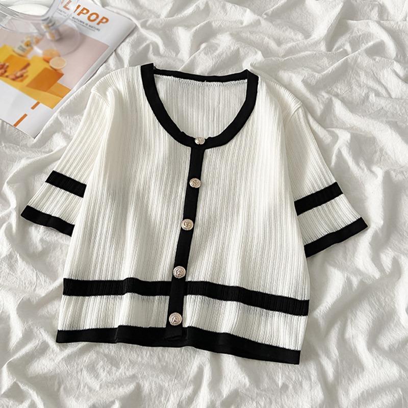 

Женский кардиган контрастного цвета, трикотажные летние топы с коротким рукавом