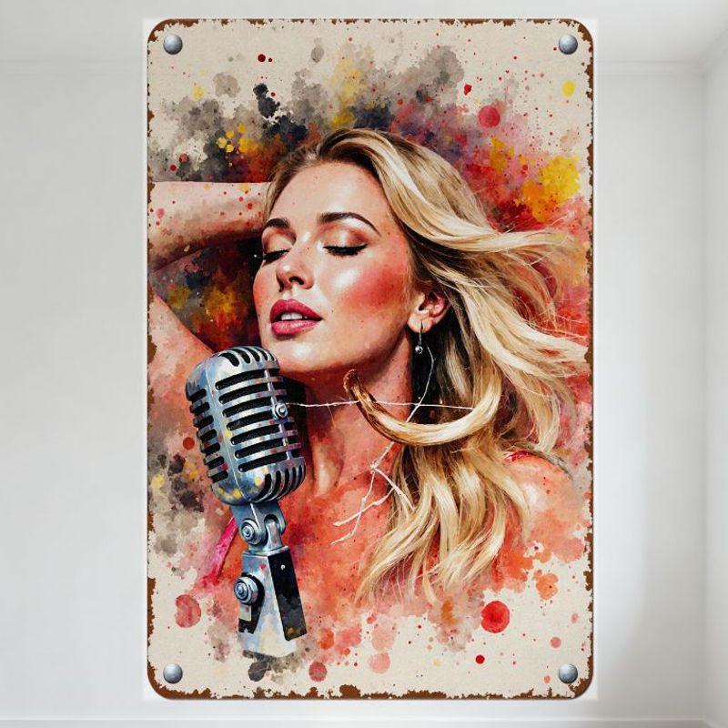 

Vintage Retro Blonde Singer Metal Tin Sign Watercolor Splashes Red Yellow Orange Microphone Wall Plaque for Home Bar Cafe Man Ca 20x30cm（7.8x11.8inch）