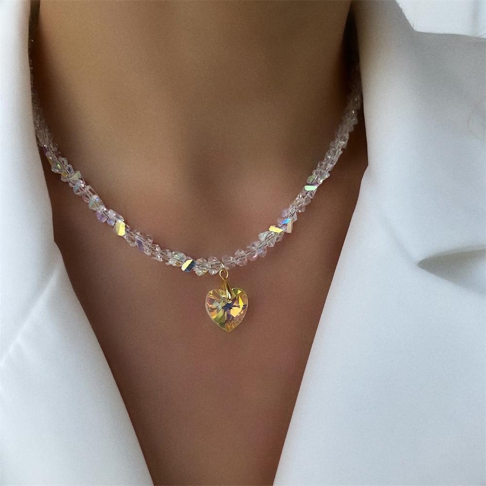 Fashion Vintage Tassels Zircon Heart Pendant Necklace For Women Female Boho Geometric Baroque Transparent Crystal  Chain Jewelry