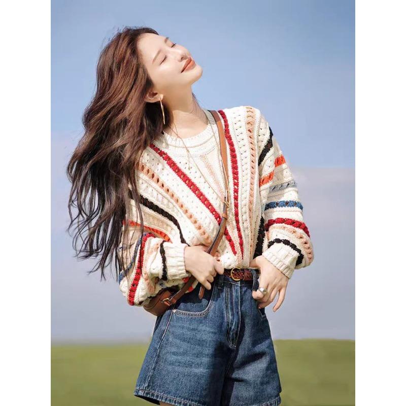 2025 New Rainbow Color Cardigan Women Sweater Autumn Sweet Fashion Elegant O Neck Knit Coats Hollow Crochet Casual Loose Long Sleeve Jacket Clothing